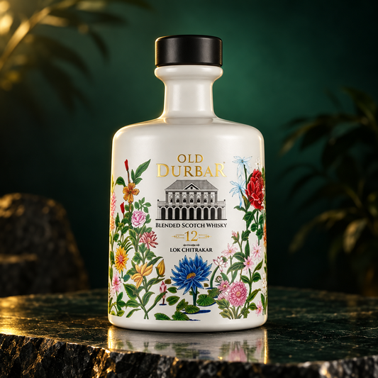 A bottle of Old Durbar 12 Year Lok Chittakar blended Scotch whisky, decorated with colorful botanical illustrations, resting on a dark polished stone surface with a dark green background.