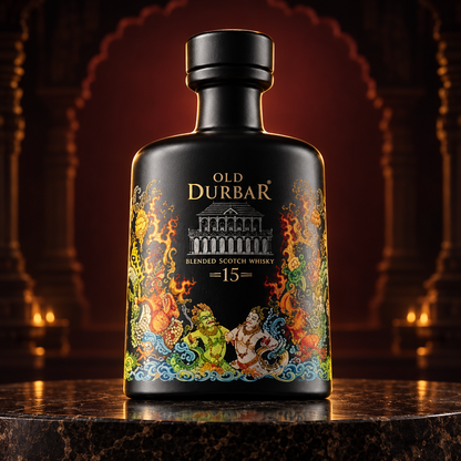 A bottle of Old Durbar 15-year blended Scotch whisky, featuring a black label with gold lettering and a vibrant, colorful illustration of figures and flames, displayed on a dark marble pedestal against a warm, atmospheric background.