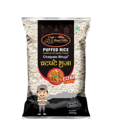Packaged puffed rice with a black label on a white background