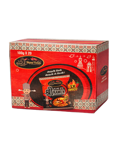 Red box of Shri Ram 5X Spicy noodles with decorative patterns on a white background