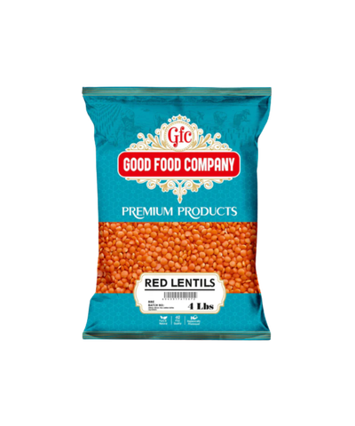 Bag of Good Food Company red lentils on a white background