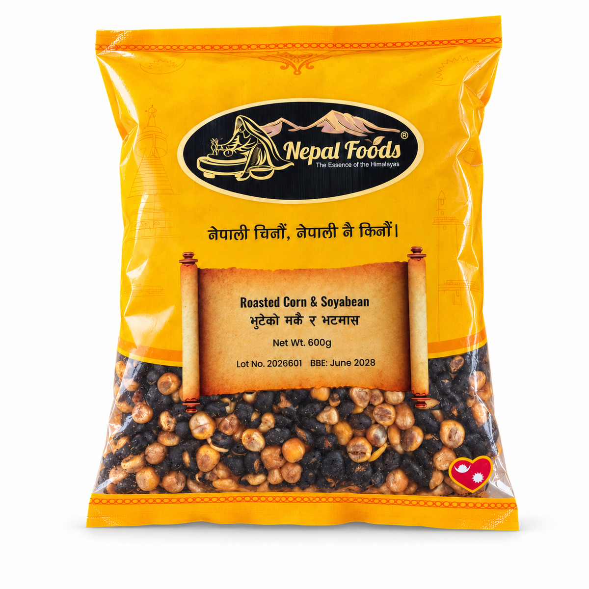 A 600g bag of Nepal Foods Roasted Corn & Soyabean, featuring a bright yellow-orange packaging with a clear window showing the roasted corn and soyabean pieces inside.