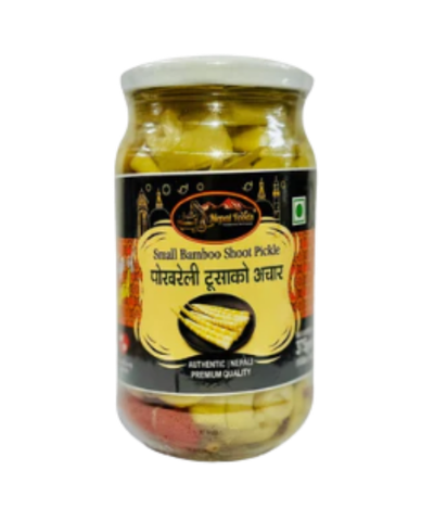 Jar of small bamboo shoot pickle with a black label on a white background