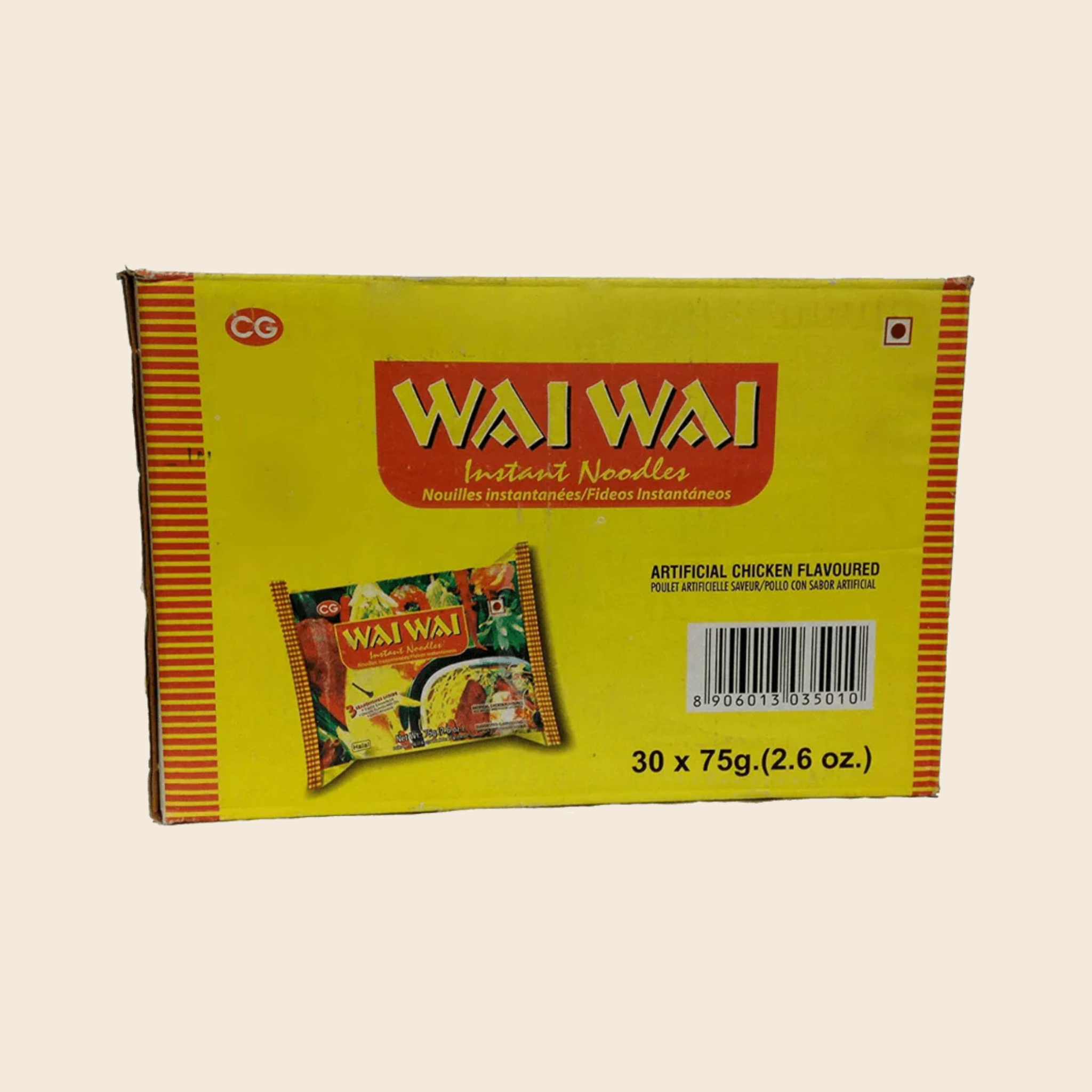 Wai Wai instant noodles packaging on a beige background