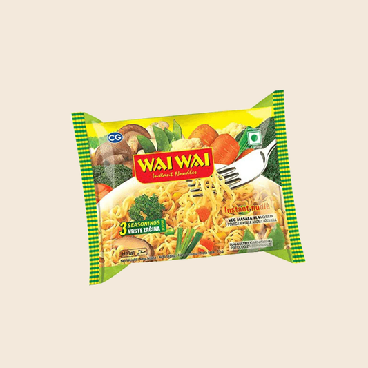 Wai Wai instant noodles packaging on a beige background