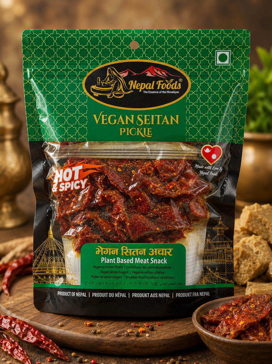 A stand-up pouch of Nepal Foods Vegan Seitan Pickle, featuring a green and black design with a clear window showing the spicy red-brown seitan slices inside. The package is displayed on a wooden board with dried red chilies and a small bowl of the pickle in a rustic, warm-toned setting.
