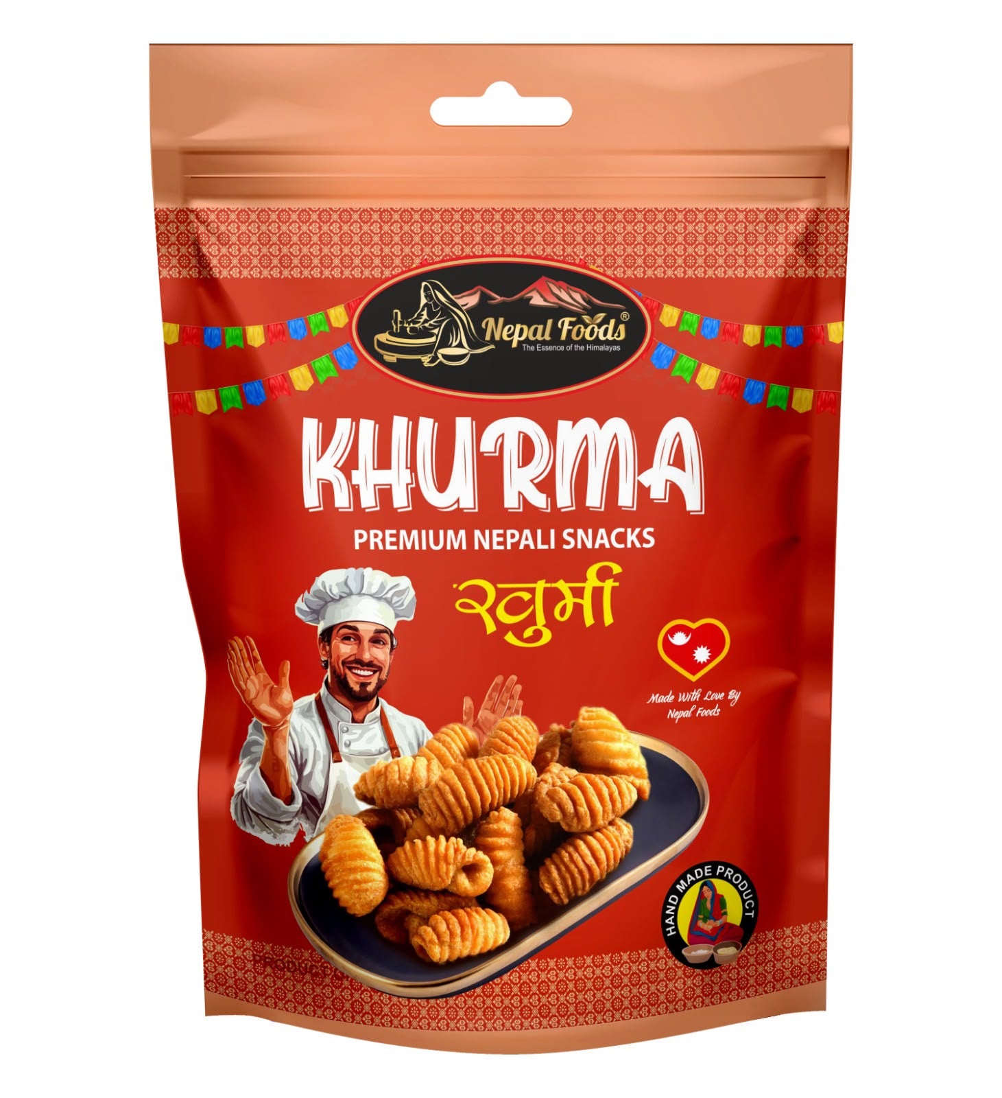 A red stand-up pouch of Nepal Foods Khurma premium Nepali snacks, featuring a cartoon chef, the product name in English and Nepali, and an illustration of golden-brown spiral khurma on a plate.