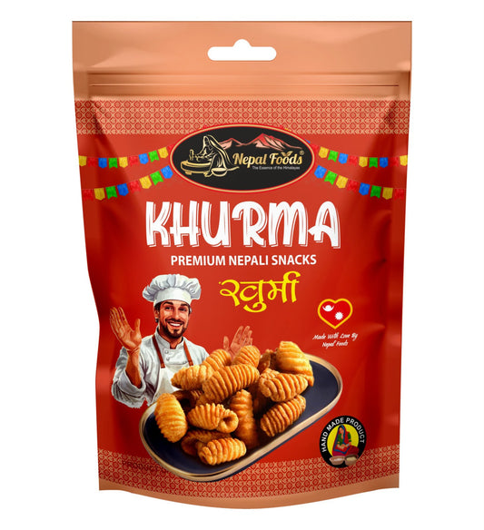 A red stand-up pouch of Nepal Foods Khurma premium Nepali snacks, featuring a cartoon chef, the product name in English and Nepali, and an illustration of golden-brown spiral khurma on a plate.